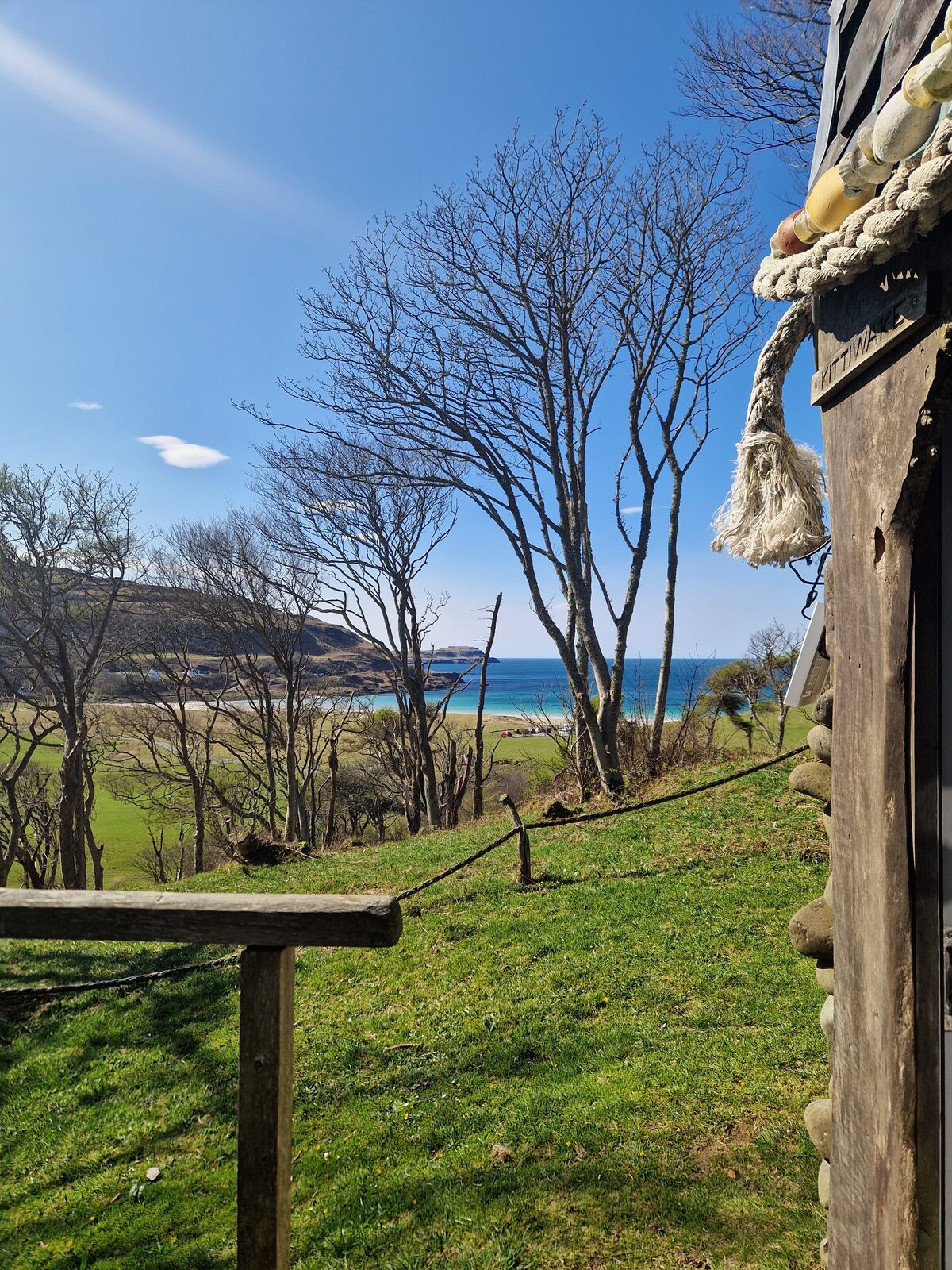View from Kittiwake's decking through bare trees to Calgary Bay and the turquoise sea beyond