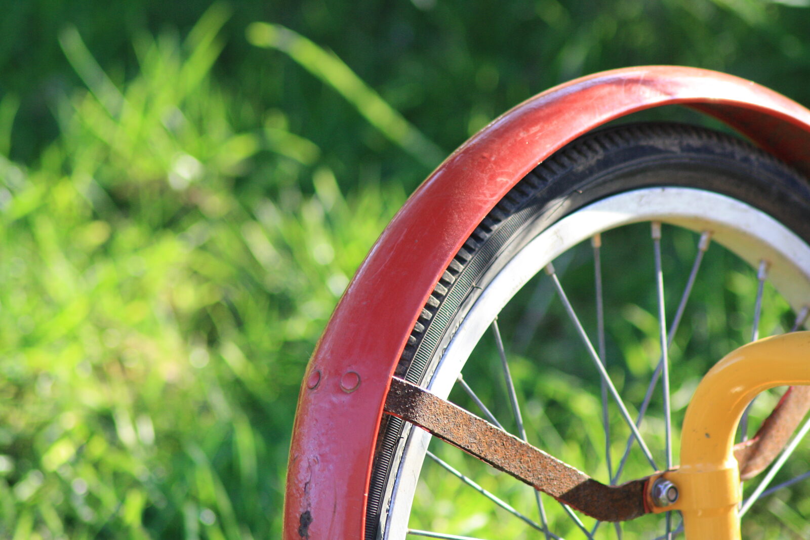 A rusty red bicycle wheel against long grass — one of the art installations along the Calgary Art in Nature sculpture walk