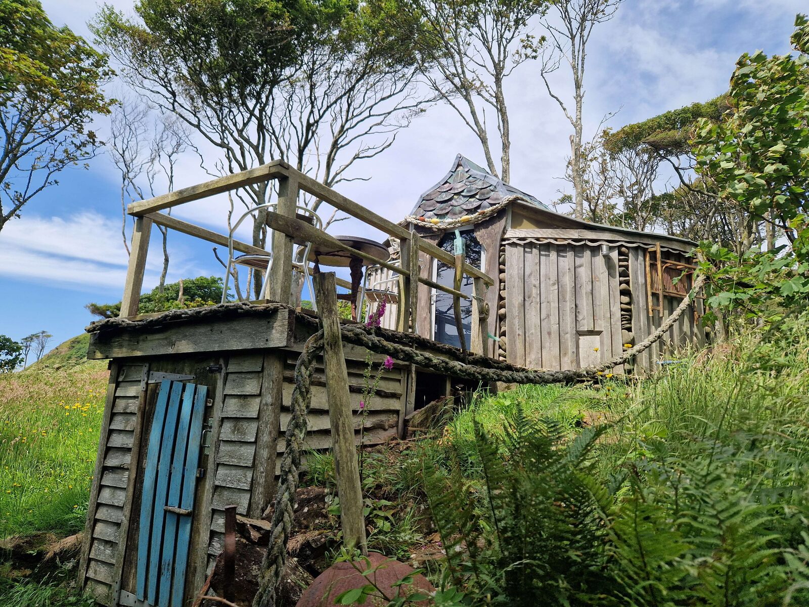 Kittiwake nestled in ferns and wildflowers — handcrafted timber cladding and raised decking